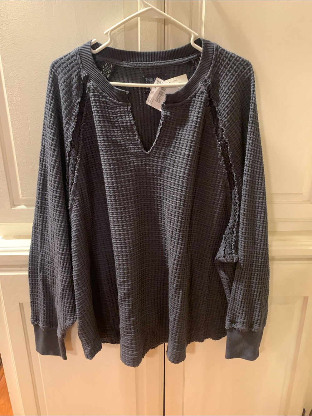 American Eagle Outfitters Blue Waffle-Knit V-Notch Pullover